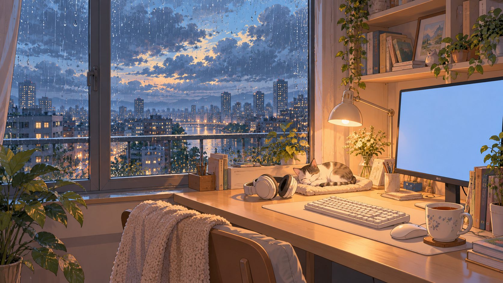 奶白的桌面与雨窗，暖灯照着安静的小窝